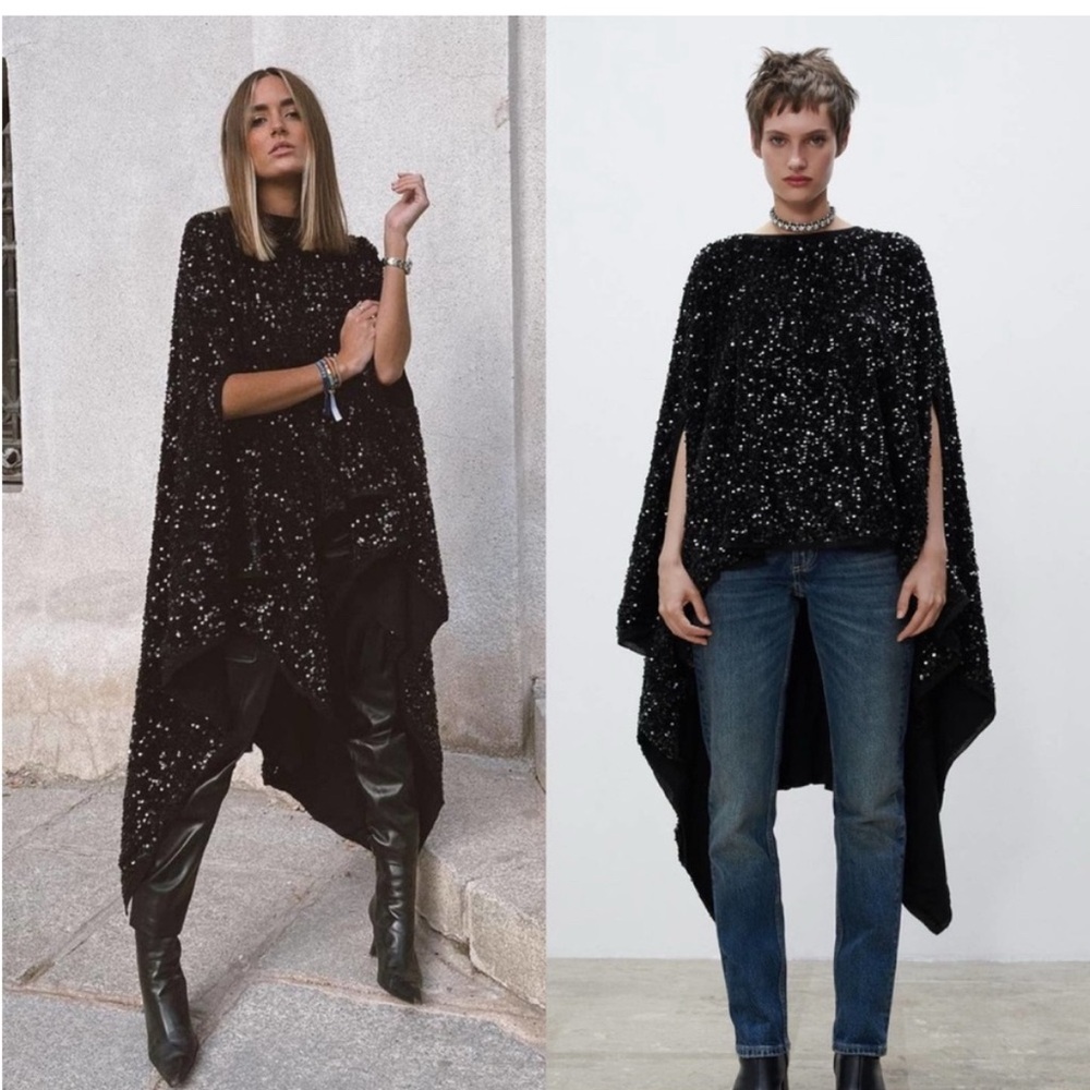 Rare and hard to find ZARA LIMITED EDITION SEQUIN CAPE / WOOL KNIT PONCHO BLACK